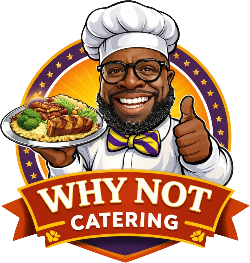 Logo for Why Not Catering featuring a smiling chef holding a plate of food and giving a thumbs-up